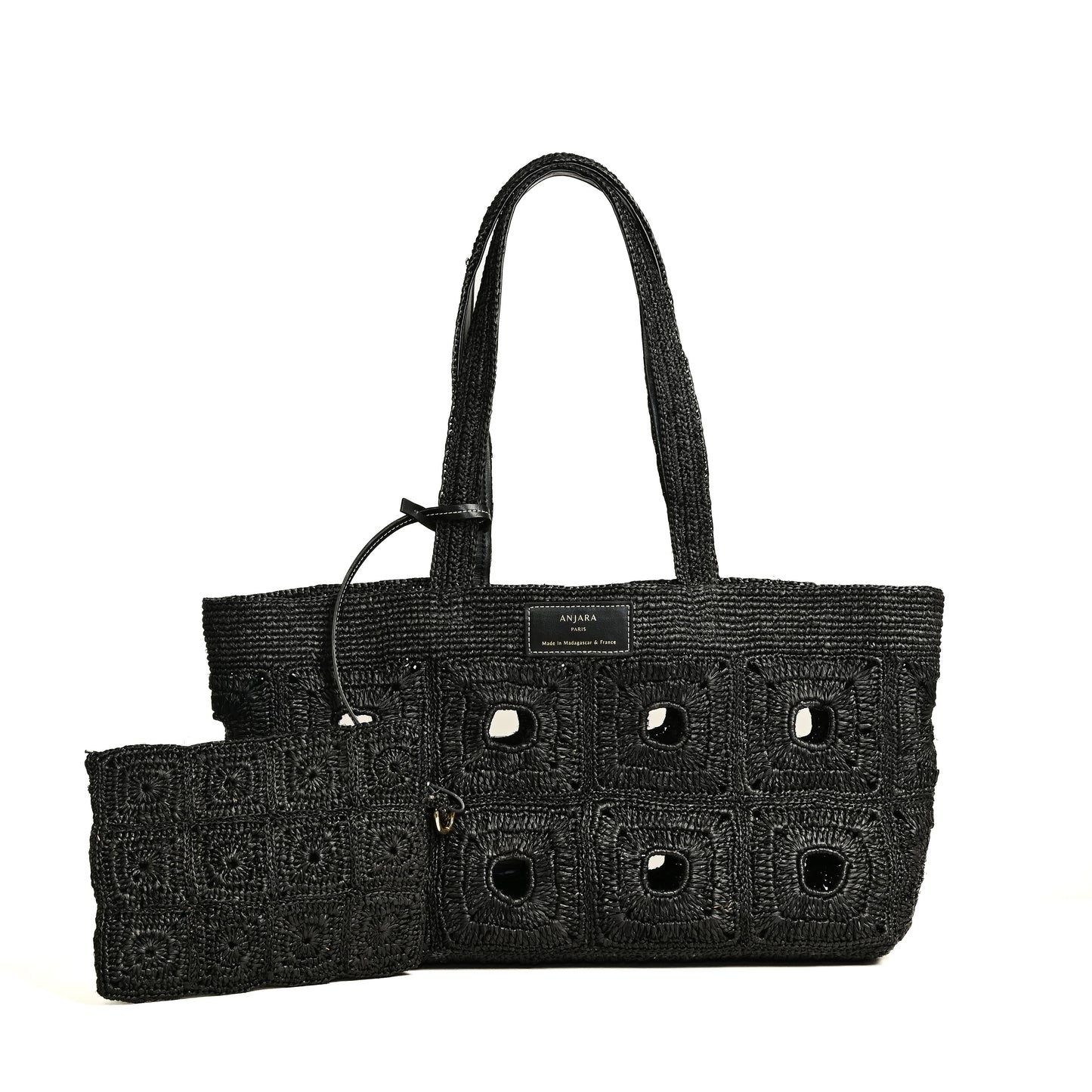 Cabas et pochette en raphia noir Sac à main vegan made in france totebag moderne citadin style parisien