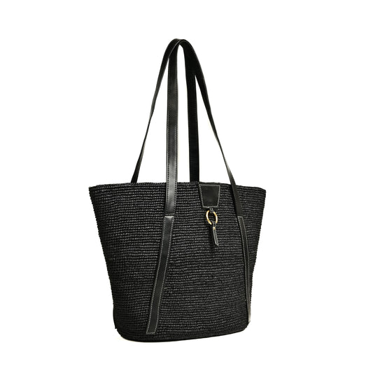 Sac à main citadin parisien vegan made in france panier Anjara en raphia noir et Uppeal alternative au cuir traditionnel, design intemporel, durable
