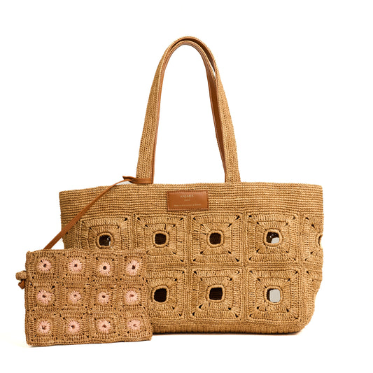 Cabas et pochette en raphia marron et rose Sac à main vegan made in france totebag moderne citadin style parisien