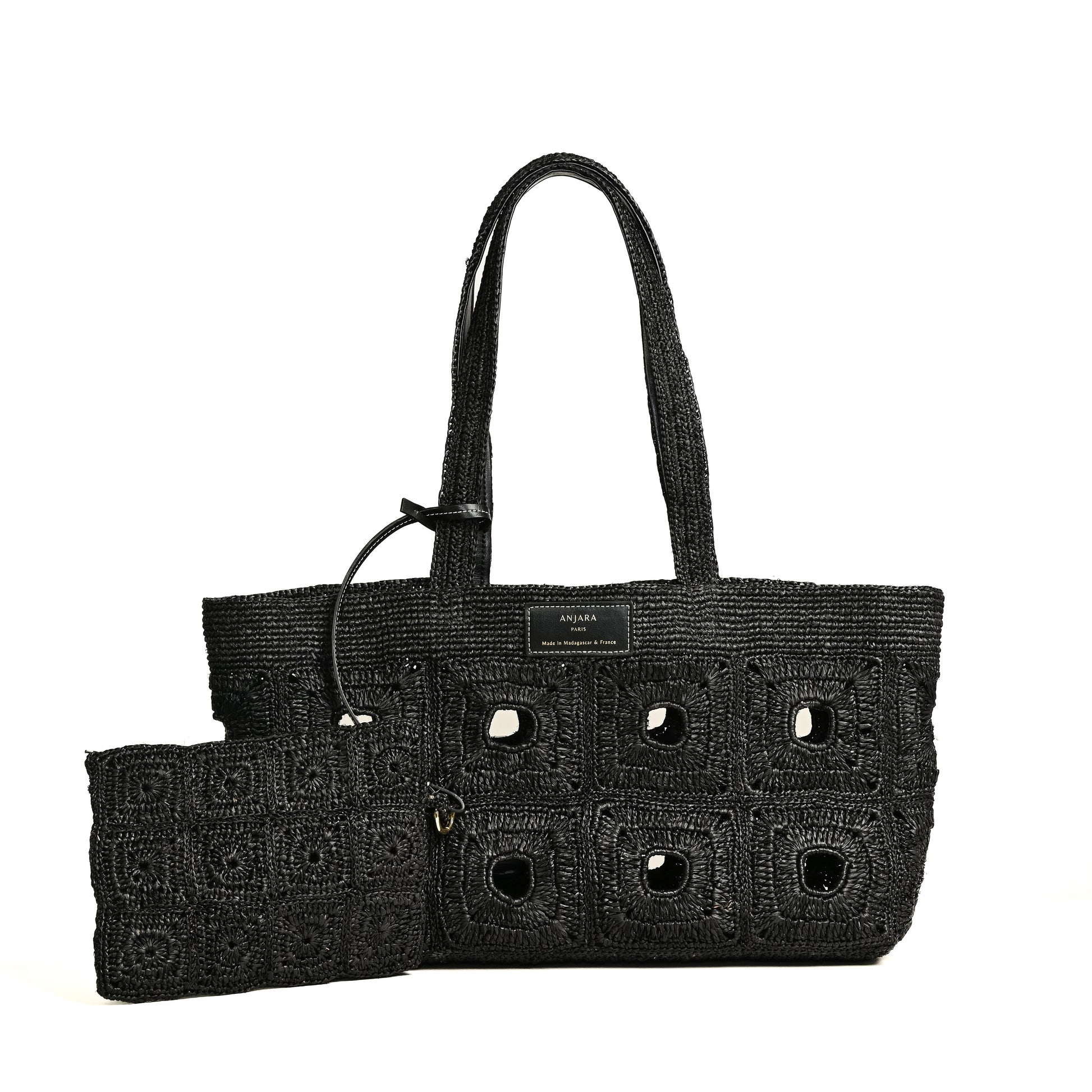 Cabas et pochette en raphia noir Sac à main vegan made in france totebag moderne citadin style parisien
