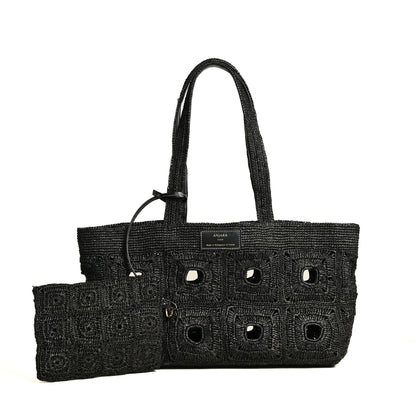 Cabas et pochette en raphia noir Sac à main vegan made in france totebag moderne citadin style parisien